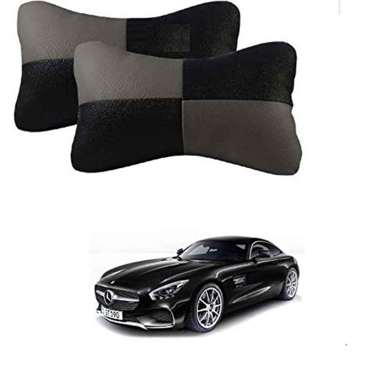 Kozdiko 2 Pcs Leather Grey & Black Neck Rest Car Cushion Pillow Set for Mercedes Benz AMG GT