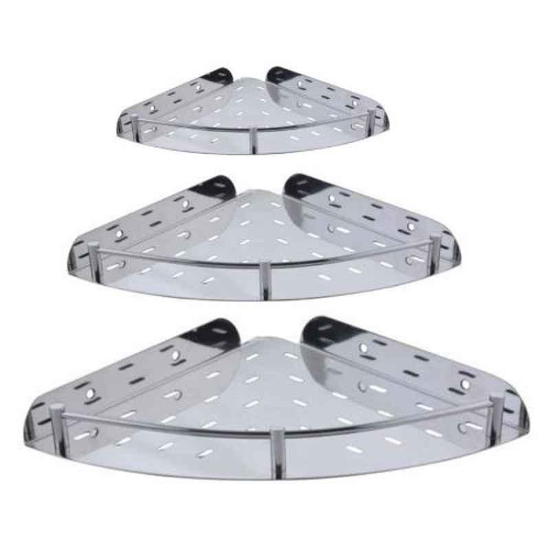 Drizzle 3 Tier Stainless Steel Silver Corner Shelves, 3CORNERSTEEL