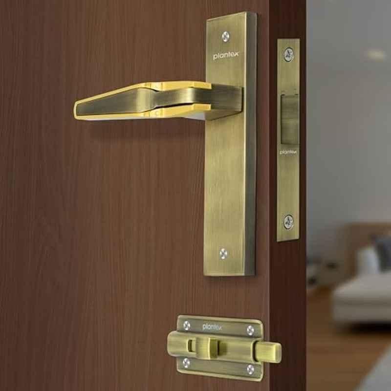 Plantex Heavy Duty Door Lock Bathroom Door Lock/Mortise 8inch Keyless Plate Handle Set for Home/Bathroom/Store Room/Balcony/Office with Baby Latch 8064, Antique Brass & PVD Gold