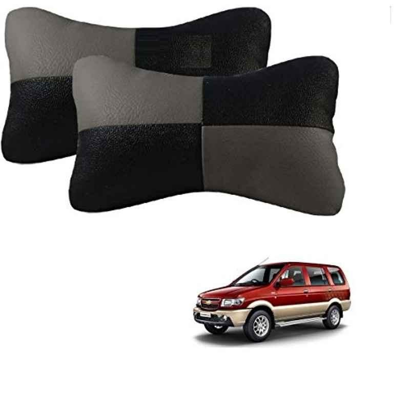 Kozdiko 2 Pcs Leather Grey & Black Neck Rest Car Cushion Pillow Set for Chevrolet Tavera