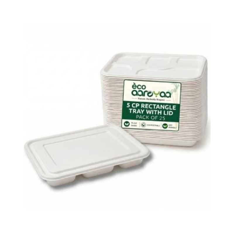 Eco Aaroyaa Bagasse Disposable Meal Tray with Lid & 5 Compartment (Pack of 25)