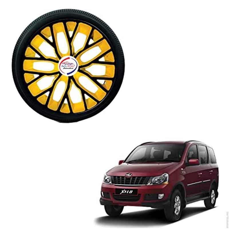Auto Pearl 4 Pcs 15 inch ABS Black & Yellow Hubcap Wheel Cover Set with Retention Ring for Mahindra Xylo