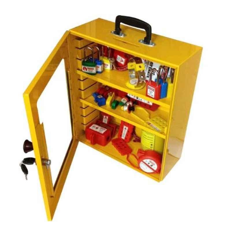 India Loto ILP04ST 14x16x6 inch Yellow Electrical Safety Lockout Tagout Station Kit with Adjustable Shelves