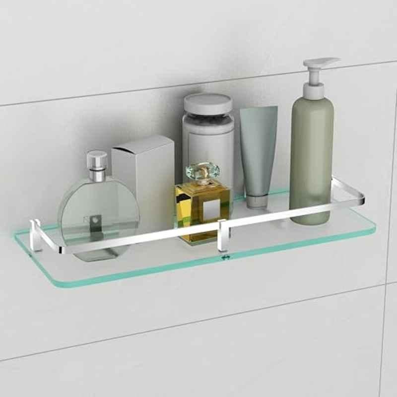 Plantex Frosted Glass Shelf for Bathroom/Shelf with Brass Railings and Brackets/Shelf for Living Room/Bedroom/Kitchen 15x6 inch, Chrome