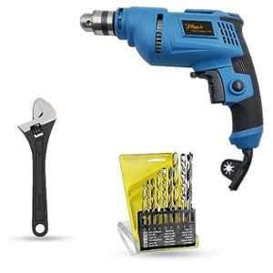 Hillgrove 500W 10mm Power Drill Machine with 9 Pcs Drill Bits & 8 inch Adjustable Wrench, HGCM1373