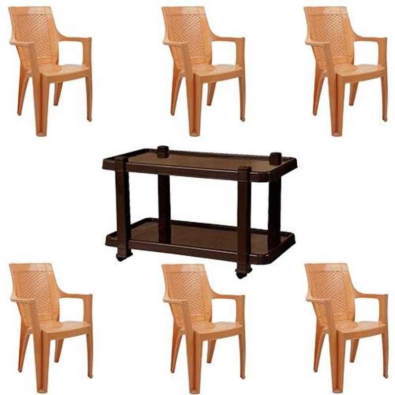 Italica 6 Pcs Polypropylene Camel Premium Arm Chair & Nut Brown Table with Wheels Set, 9006-6/9509
