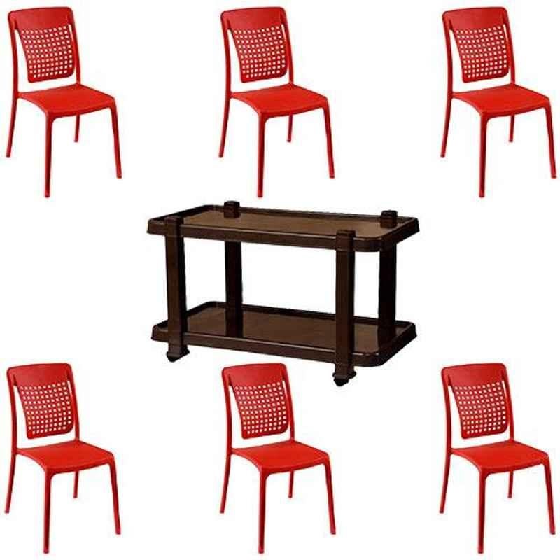 Italica 6 Pcs Polypropylene Red Spine Care Chair & Nut Brown Table with Wheels Set, 2109-6/9509