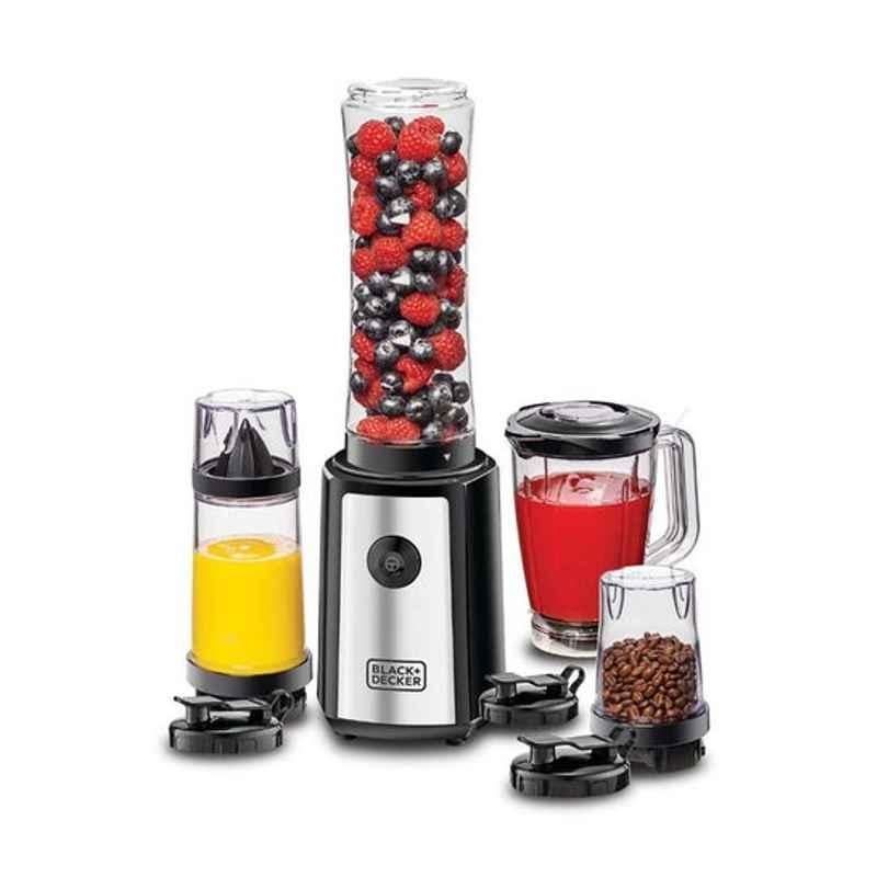 Black & Decker 300W 240V Stainless Steel Black & Clear 4-in-1 Compact Sports Blender & Smoothie Maker with Citrus Juicer & Grinder Mill, SBX300BCG-B5