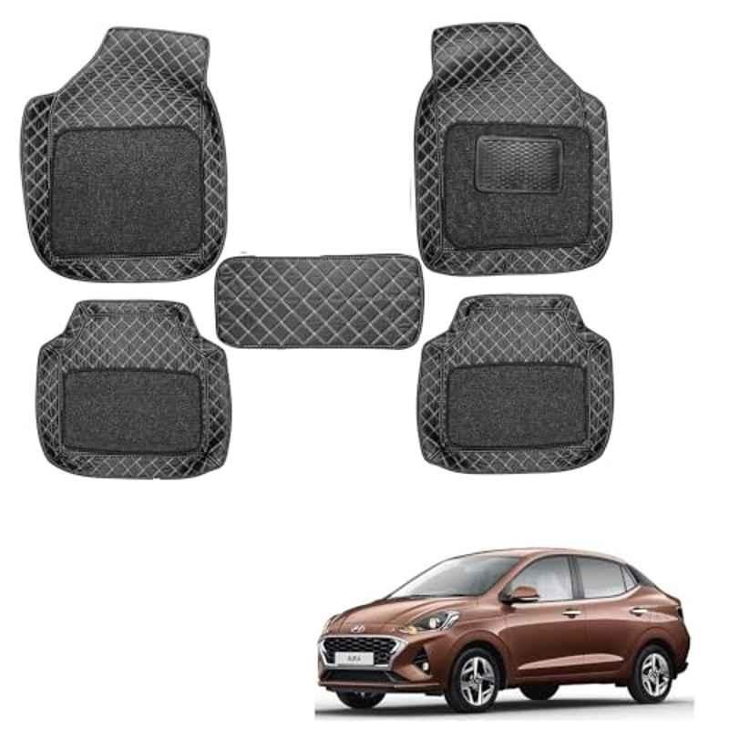 Kozdiko 5 Pcs Waterproof & Luxury 7D Black Leatherette Car Floor Mat Set for Hyundai Aura