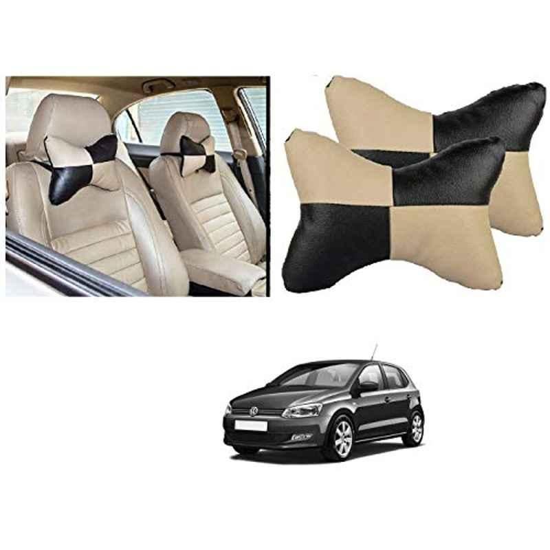 Kozdiko 2 Pcs Black & Beige Car Square Chess Design Neck Rest Seat Pillow Set for Volkswagen Polo