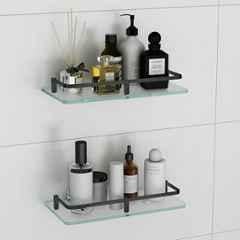 Plantex Frosted Glass Shelf for Bathroom/Kitchen/Living Room Wall Mount Shelf with Black Brass Railings & Wall Brackets 12x6 inch (Pack of 2)