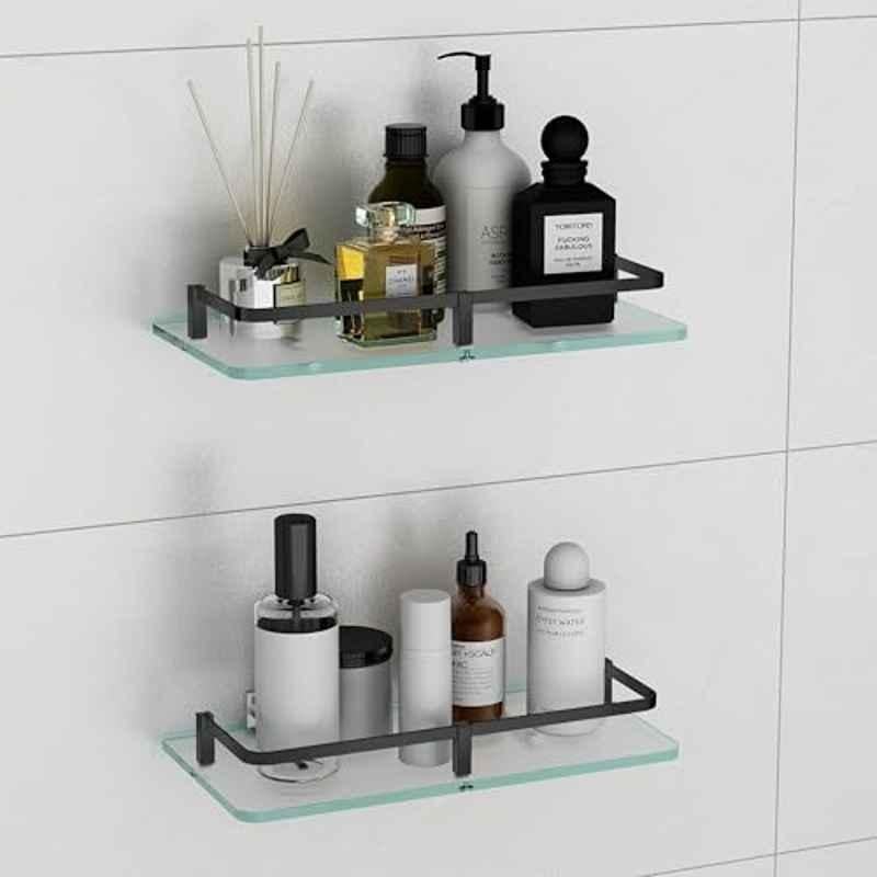 Plantex Frosted Glass Shelf for Bathroom/Kitchen/Living Room Wall Mount Shelf with Black Brass Railings & Wall Brackets 12x6 inch (Pack of 2)
