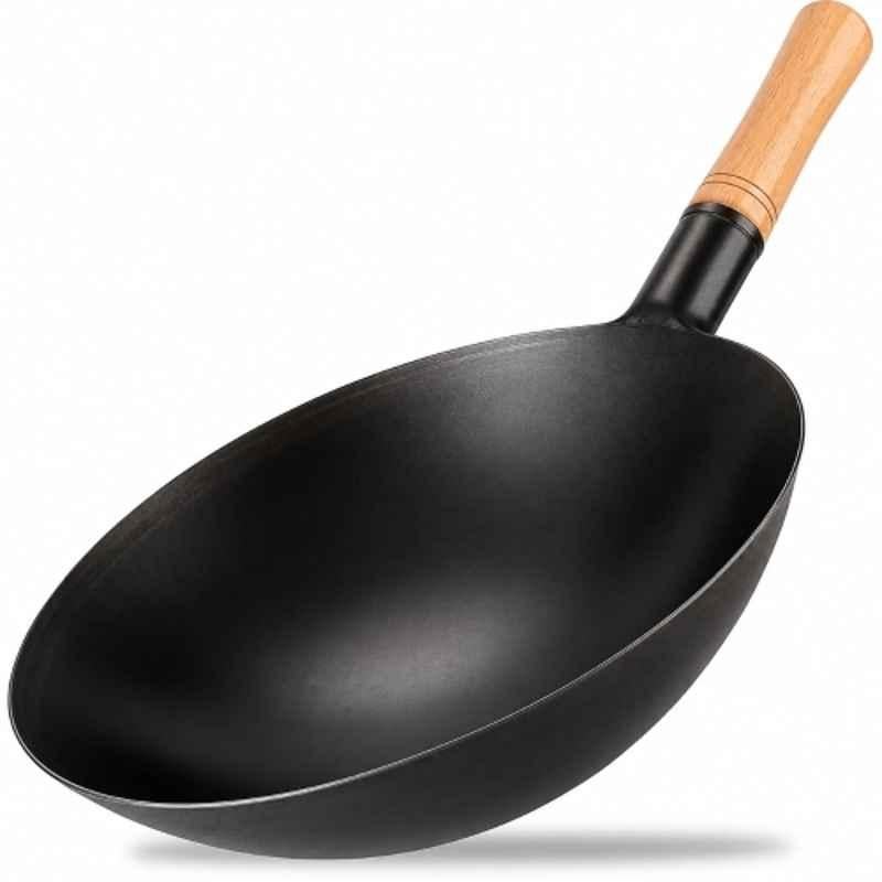Khushi Udyog Carbon Steel Black Wok Pan with Wooden Handle