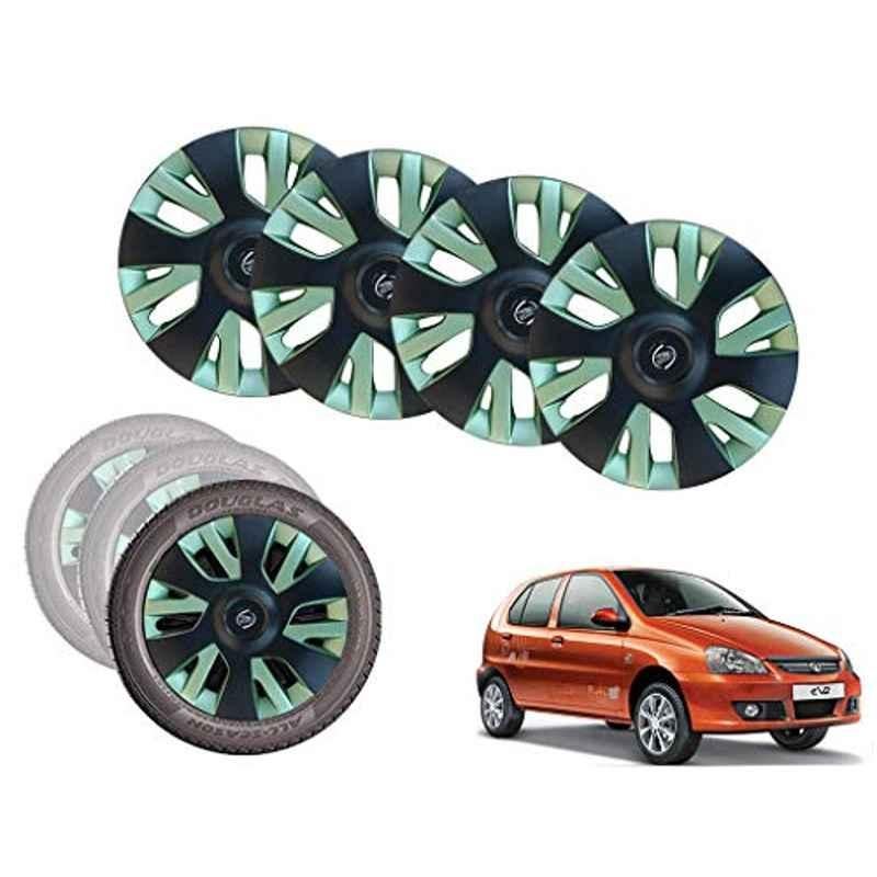 Auto Pearl 13 inch ABS Black & Green Press Type Car Hubcap Wheel Cover with Retention Ring Set for Indica