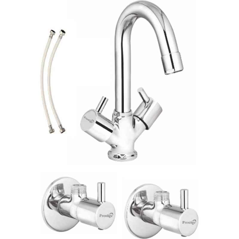 Prestige Dove 3 Pcs Brass Chrome Finish Angle Cock, Connection Pipe & Center Hole Mixer Set (Pack of 2)