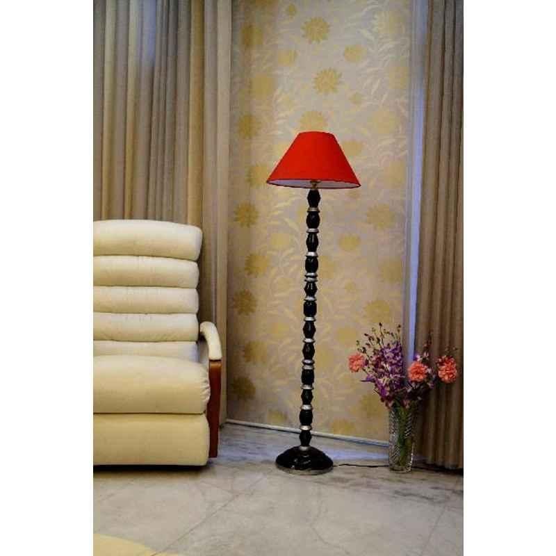 Tucasa Mango Wood Black & Silver Floor Lamp with Red Conical Polycotton Shade, WF-38