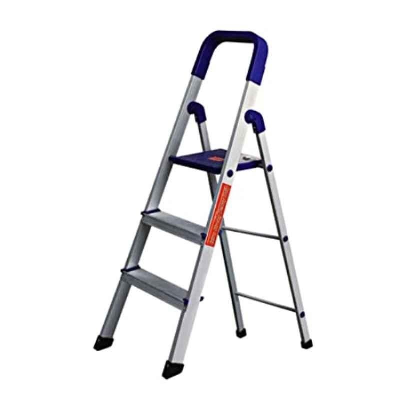 Branco 150kg 3 Steps Aluminium Satin & Blue Folding Ladder, GEC-L3