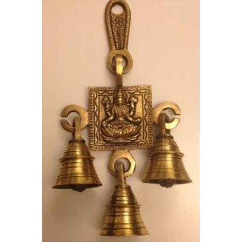 Smart Shophar 6 inch Brass Gold Antique Lakshmi 3 Bells Wall Hanging, SHD10WH-LXMI-BL3AN-P1