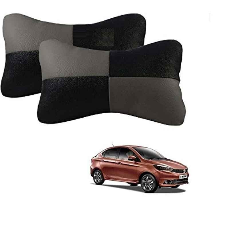 Kozdiko 2 Pcs Leather Grey & Black Neck Rest Car Cushion Pillow Set for Tata Tigor