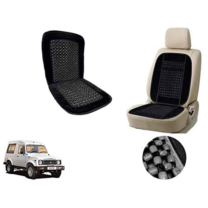 Auto Pearl PU, Velvet & Wooden Beads Black Rectangular Seat Cushion for Maruti Suzuki Gypsy