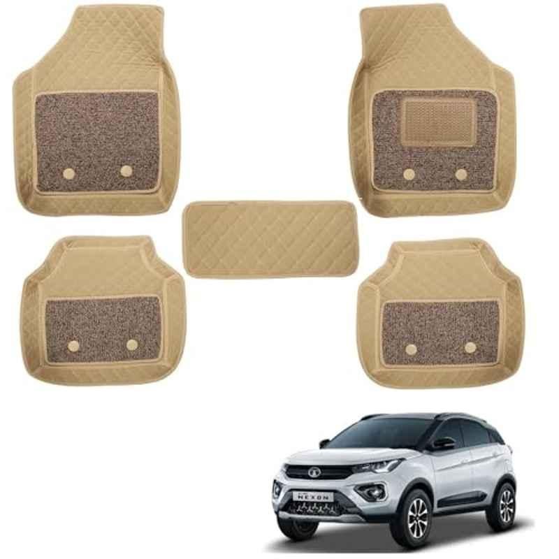 Kozdiko 5 Pcs Waterproof & Luxury 7D Beige Leatherette Car Floor Mats Set for Tata Nexon EV