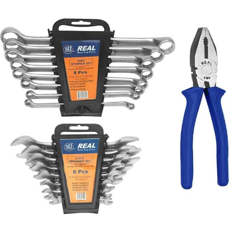 Real Stf 8 Pcs Double Open End, 8 Pcs Ring Spanners with Hanging Tray & 8 inch Combination Cutting Plier Multi Hand Tool Kit