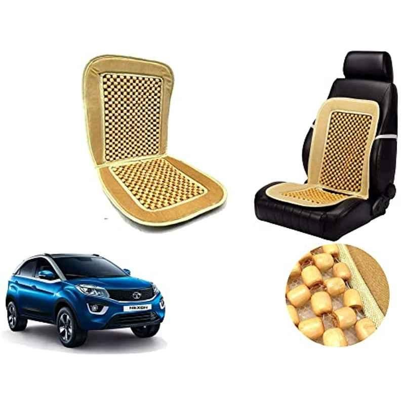 Auto Pearl PU, Velvet & Wooden Beads Beige Rectangular Seat Cushion for Tata Nexon