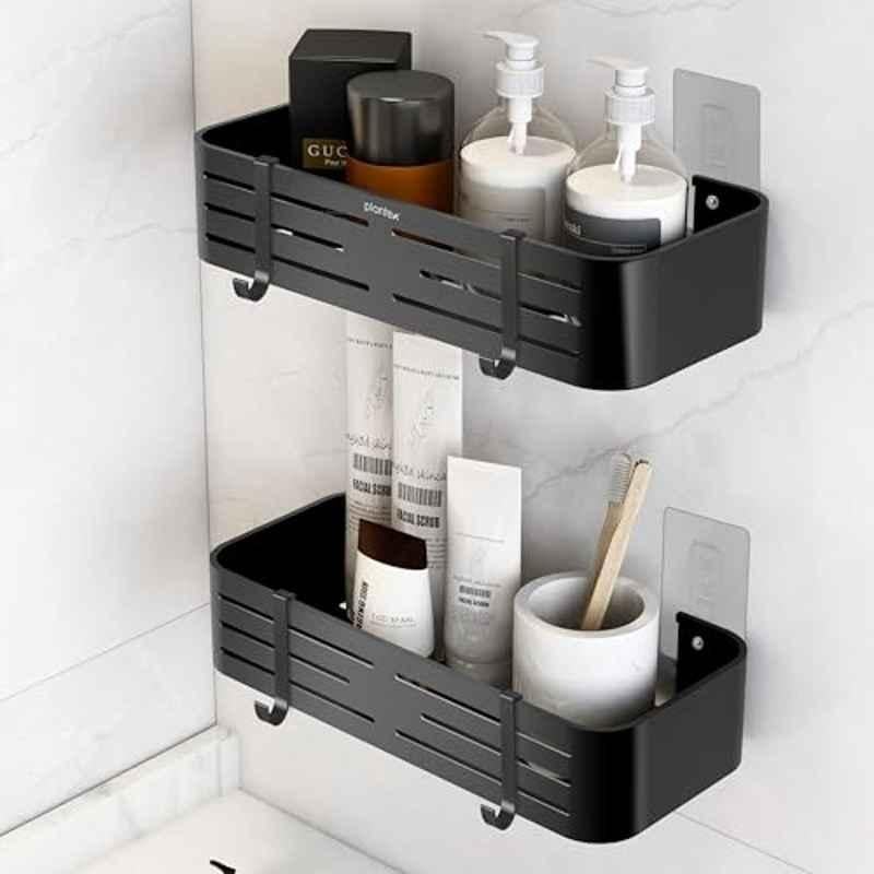 Plantex 12x5 inch Aluminium Matt Black Bathroom Stand for Wall/Self Adhesive Shelf with Removable Hooks & Magic Stickers/Bathroom Accessories (Pack of 2)