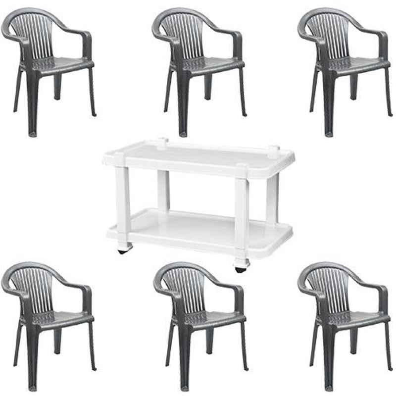 Italica 6 Pcs Polypropylene Metallic Silver Premium Arm Chair & White Table with Wheels Set, 9201-6/9509