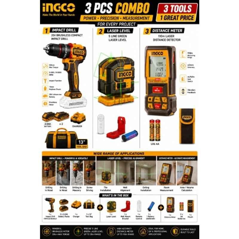 Ingco 13mm 20V 55Nm Cordless Impact Drill, 35m Self Levelling 5 Line Green Laser Level & 110mm Laser Distance Meter Combo