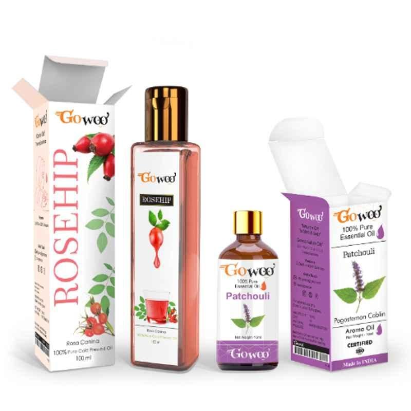 GoWoo 2 Pcs 10ml Natural Therapeutic Grade Cold Pressed Patchouli Aroma Oil & 100ml Rosehip Seed Carrier Oil Set, GWOC1077-P39+P187