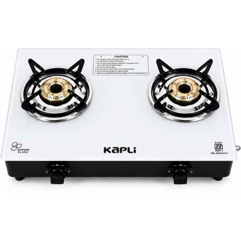 Kapli 2 Burner Mild Steel White Manual Toughened Glass Top Gas Stove