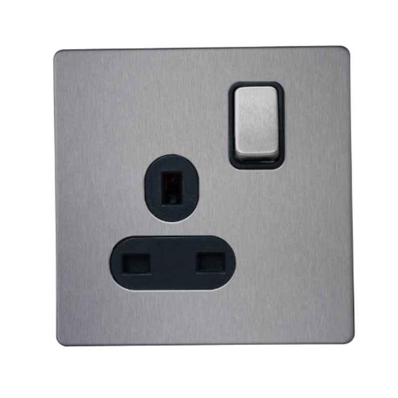 RR Vivan Metallic 13A Brushed Stainless Steel DP Single Outlet Switched Socket with Black Insert, VN6659M-B-BSS