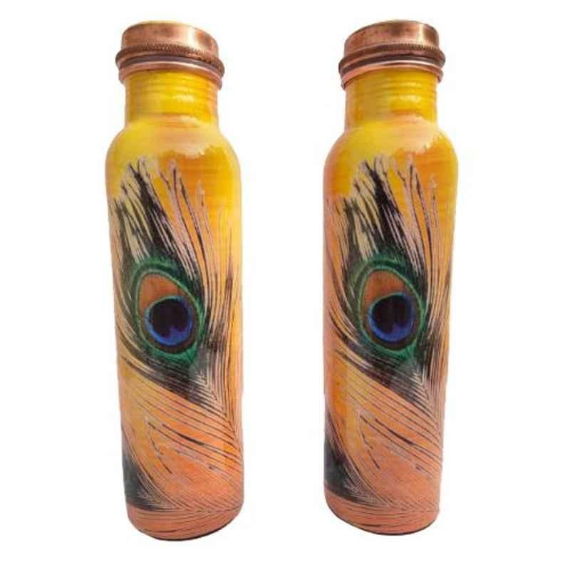Healthchoice 1000ml Copper Krishna Pank Design Printed Water Bottle (Pack of 2)