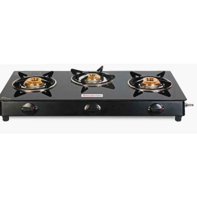 Good Flame BK Nano Plus 3 Burner Manual Ignitionr Glass Gas Stove with Brass Burner with ISI Quality Mark & 1 Year Warranty, GF052