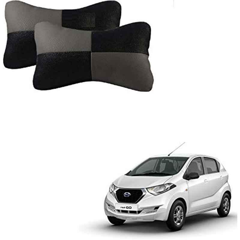 Kozdiko 2 Pcs Leather Grey & Black Neck Rest Car Cushion Pillow Set for Datsun Redi Go