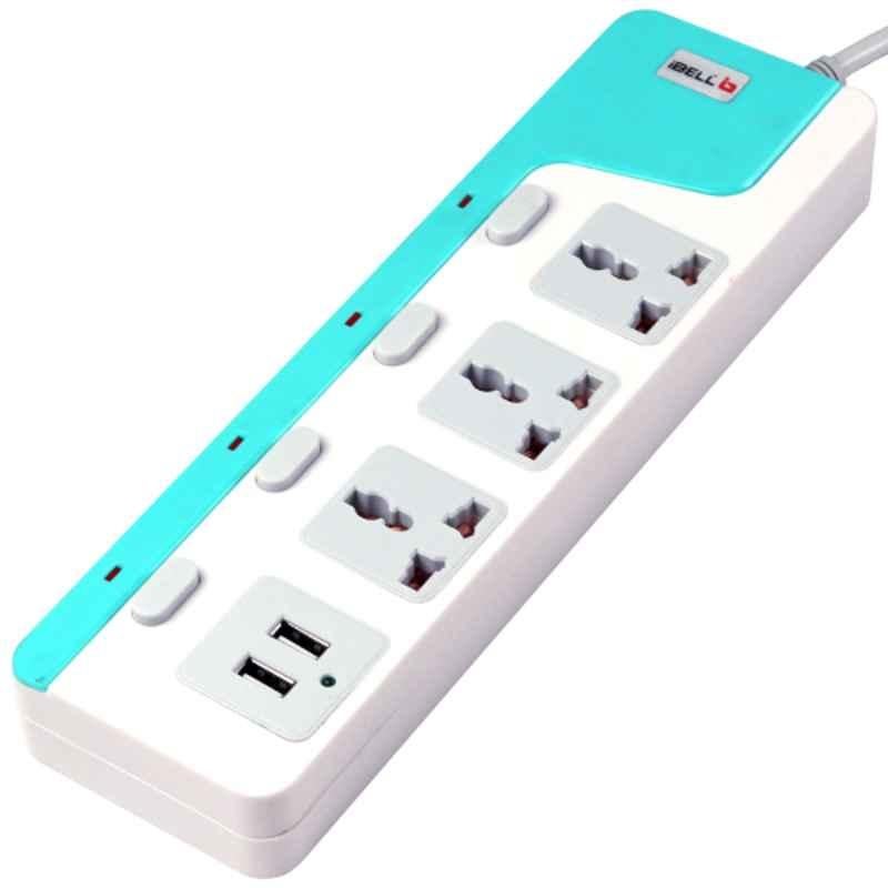 iBELL SG3245M 2500W ABS White 3 Way Plug Board with 2 USB Socket & 5m Cord