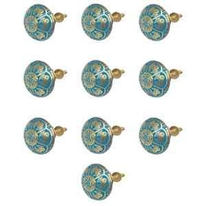 Mix & Match Jaipuri 35mm Brass Emerald Green Handcrafted Round Cabinet Knob for Wardrobe, Drawer & Cupboard (Pack of 10)