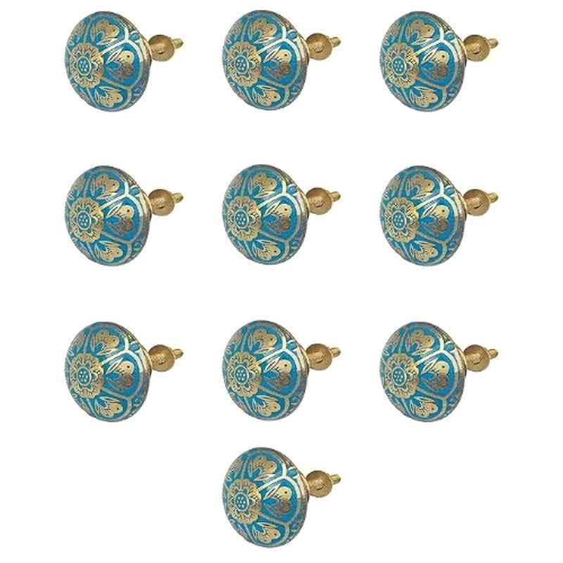 Mix & Match Jaipuri 35mm Brass Emerald Green Handcrafted Round Cabinet Knob for Wardrobe, Drawer & Cupboard (Pack of 10)