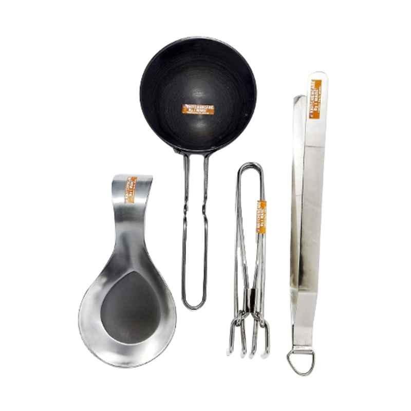 i WARE KkitchenCare 4 Pcs Hard Anodised Tadka Pan, Kitchen Pincers, Rest Holder Spoon & Roti Tong Set
