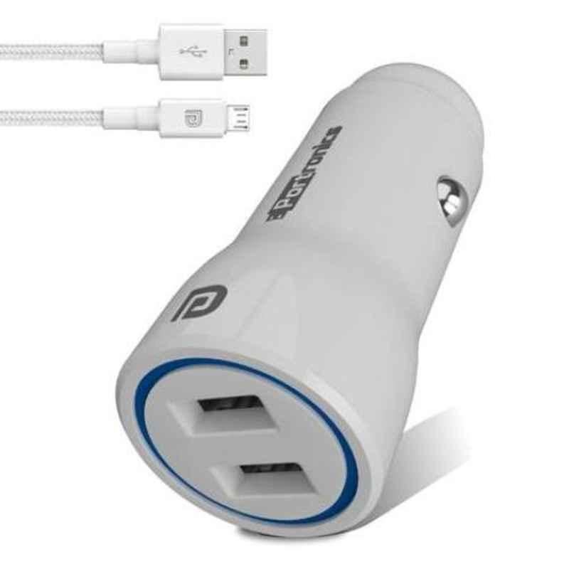 Portronics 2.4A White Car Charger with Dual USB Output for Smartphones Tablets & Free 1M Micro USB Cable, POR 1269