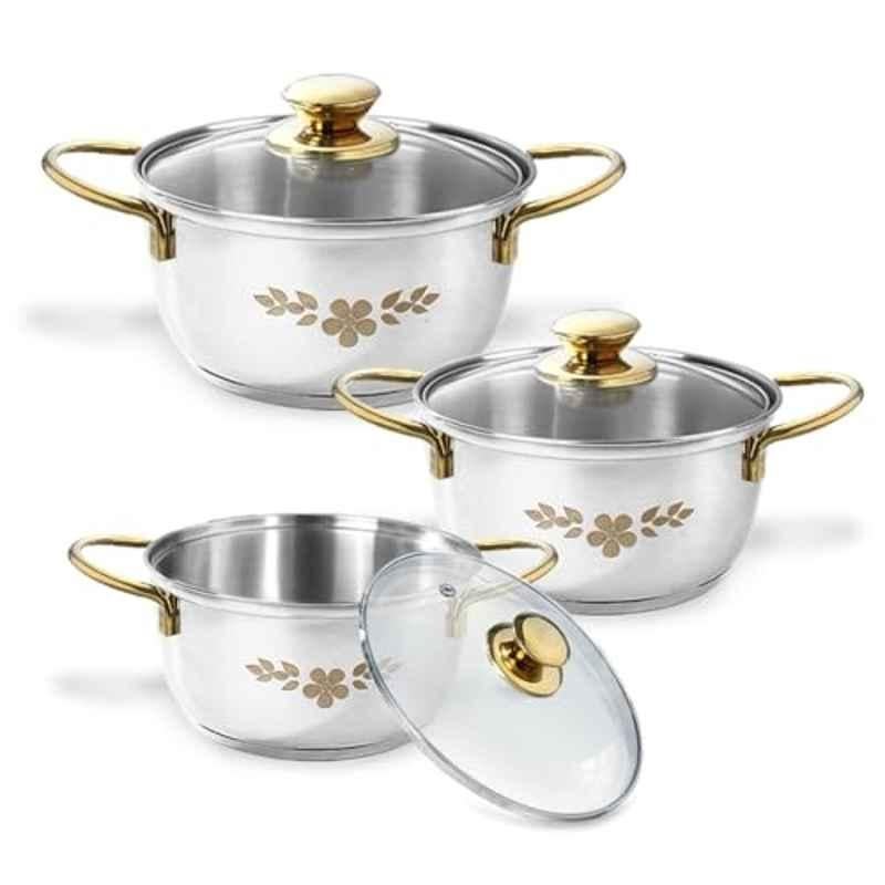 Wonderchef 3 Pcs Gold Stanton Stainless Steel Casserole Combo with Glass Lid & 1 Year Warranty, 63154761