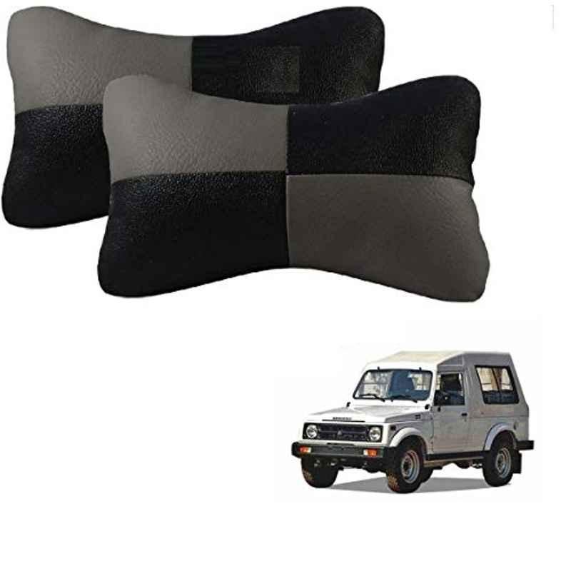 Kozdiko 2 Pcs Leather Grey & Black Neck Rest Car Cushion Pillow Set for Maruti Suzuki Gypsy