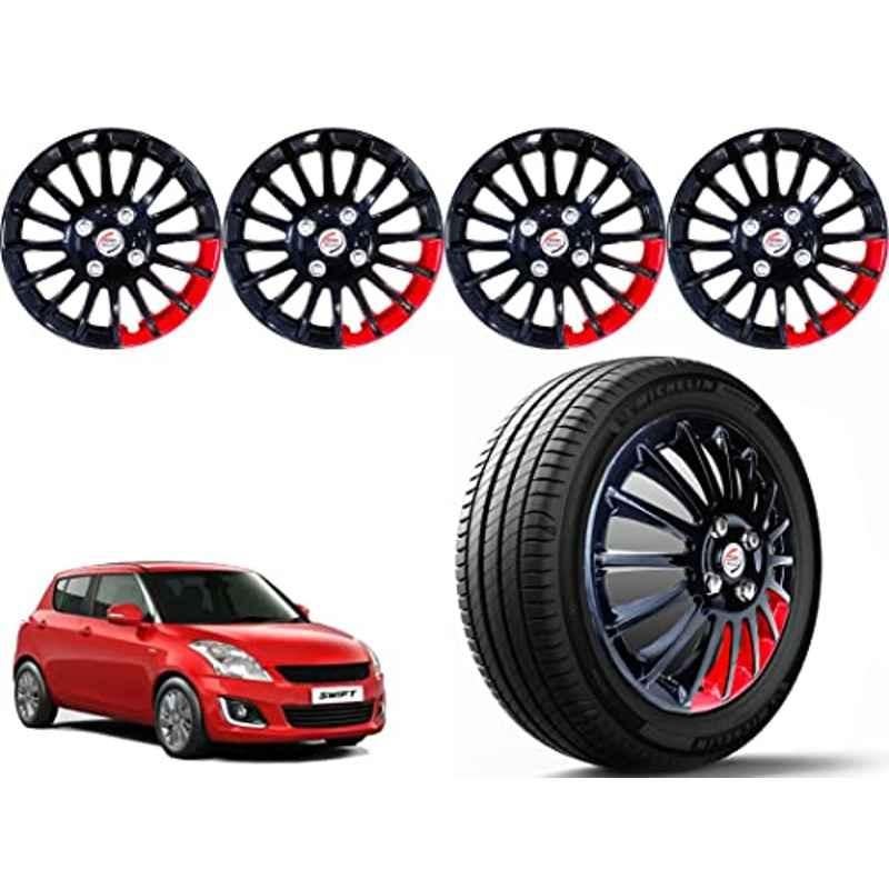 Auto Pearl 4 Pcs 14 inch Polypropylene Black & Red Press Type Car Wheel Cover Set with Retention Ring for Maruti Suzuki Swift Type4 2015