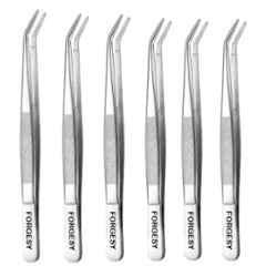 Forgesy Stainless Steel Silver Curved Serrated Tip Tweezer (Pack of 6)