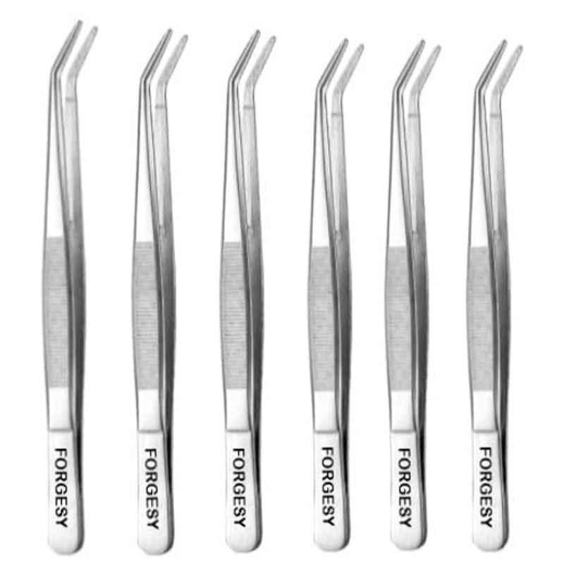 Forgesy Stainless Steel Silver Curved Serrated Tip Tweezer (Pack of 6)