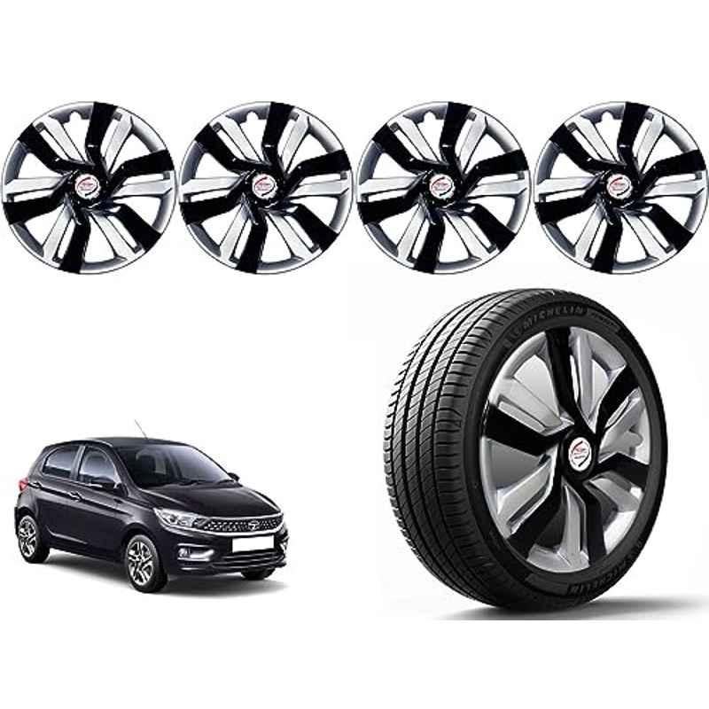 Auto Pearl 4 Pcs 14 inch Polypropylene Black & Silver Press Type Car Wheel Cover Set with Retention Ring for Tata Tiago XT & XZ 2020, 14WC_Idtec_Rev_Tiago2020XT_XZModel