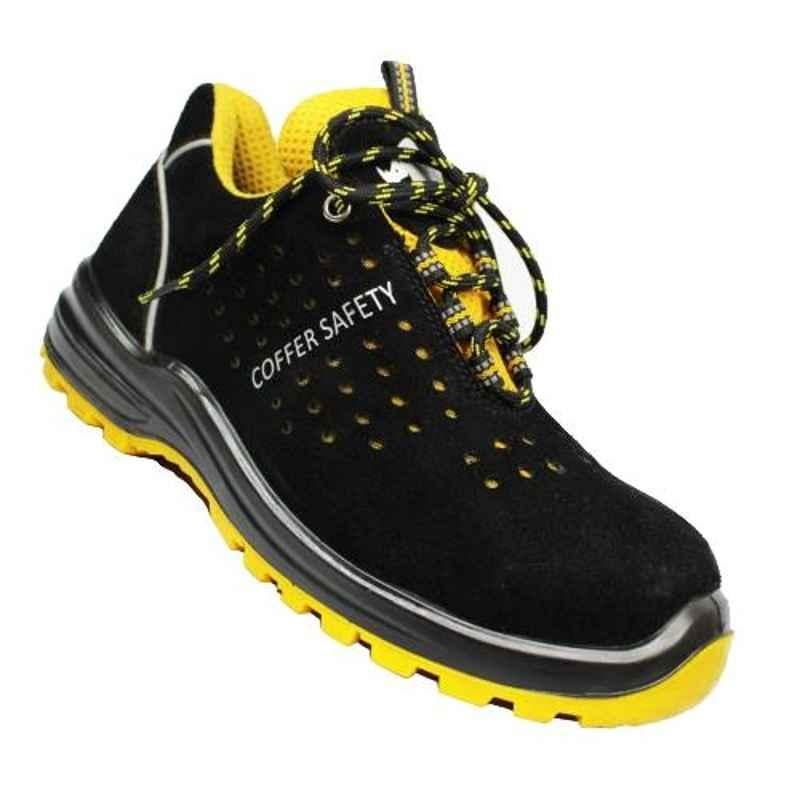 Coffer Safety M1033 Leather Steel Toe Black & Yellow Work Safety Shoes, 82345, Size: 8