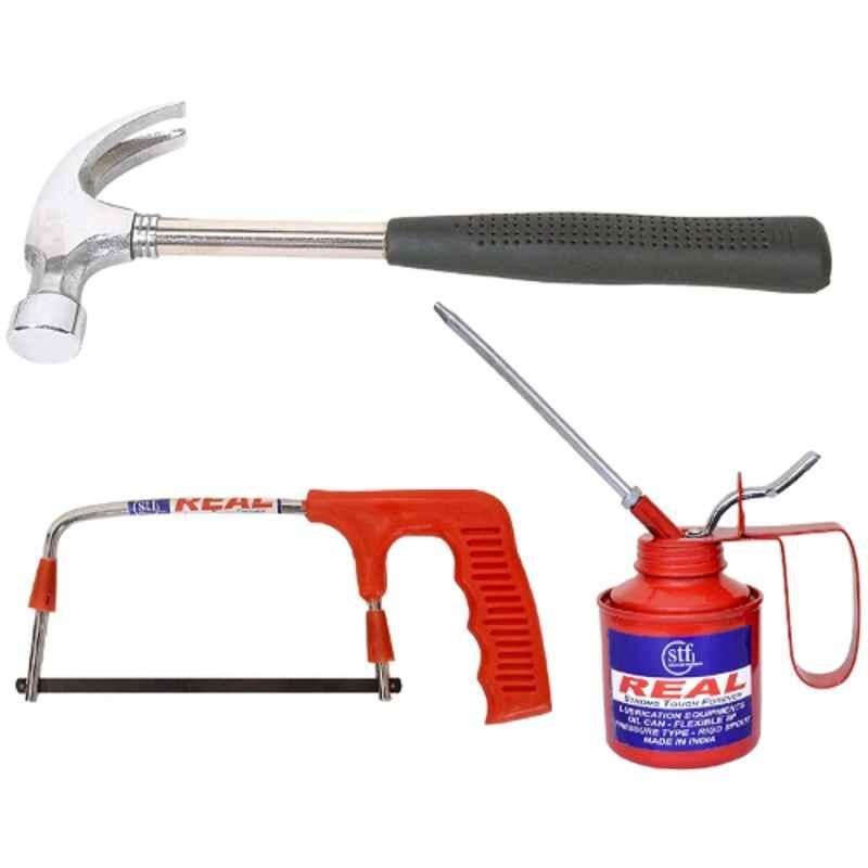 Real Stf 1/2lbs Claw Hammer, 1/2 Pint Oil Can & Baby Hacksaw with Plastic Handle Kit