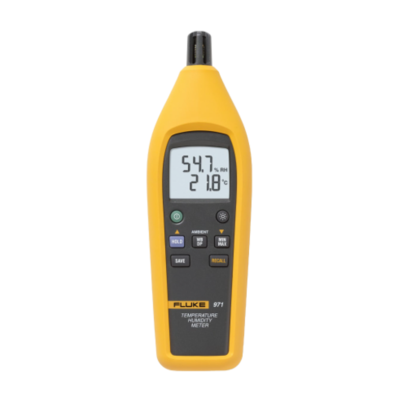 Fluke 971 Temperature Humidity Meter -20 to 60 C Temperature 5 to 95 Percent RH 0.1 C Resolution 99 Point Data Storage Backlit Dual Display